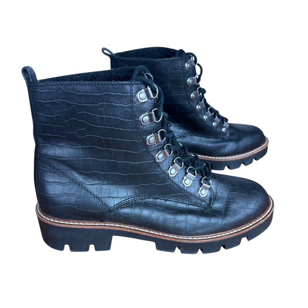 White Mountain Black Croc-Embossed Lace-Up Lug Sole Combat Boots Women’s Size 8